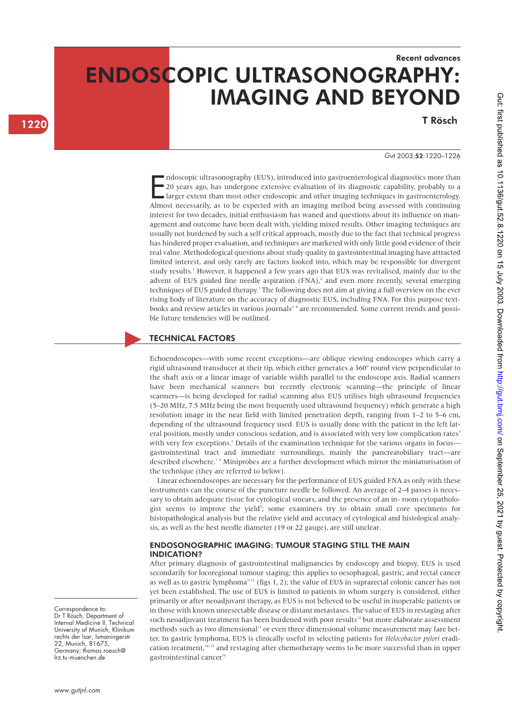 ENDOSCOPIC ULTRASONOGRAPHY: IMAGING and BEYOND Gut: First Published As 10.1136/Gut.52.8.1220 on 15 July 2003