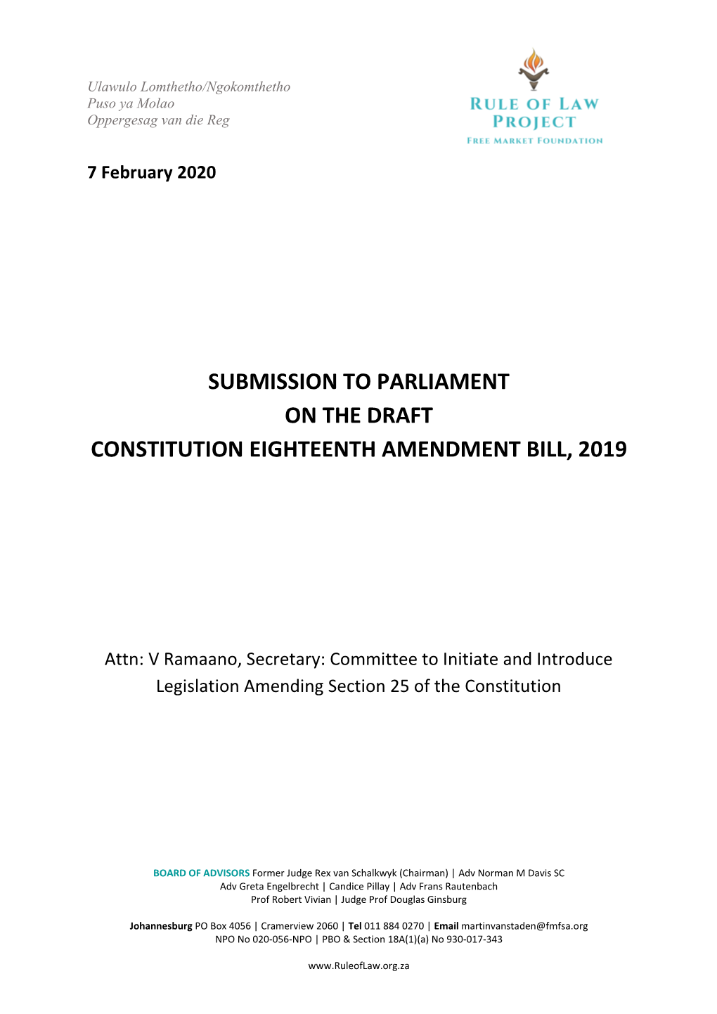 Submission to Parliament on the Draft Constitution Eighteenth Amendment Bill, 2019