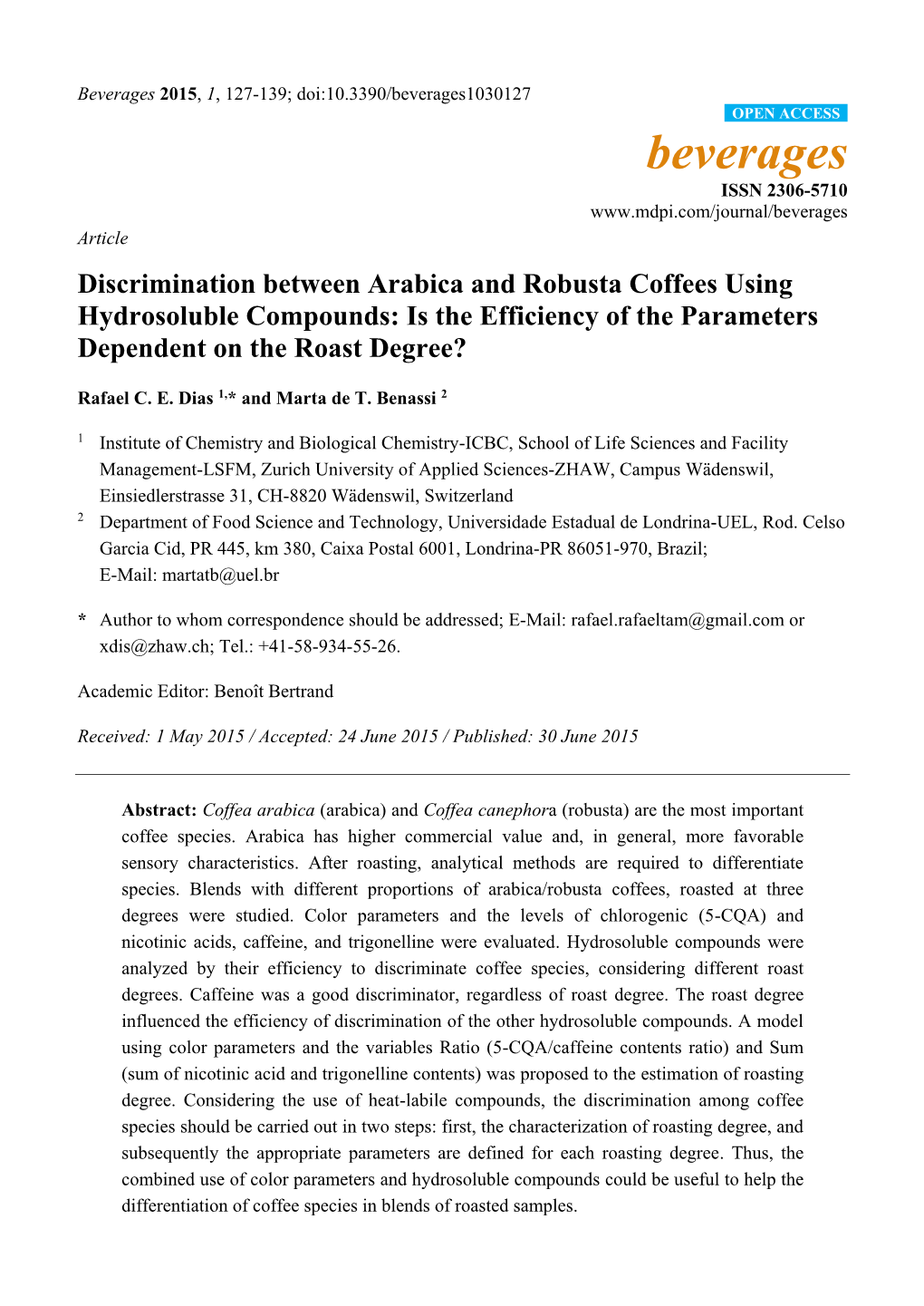 Discrimination Between Arabica and Robusta Coffees Using Hydrosoluble Compounds: Is the Efficiency of the Parameters Dependent on the Roast Degree?