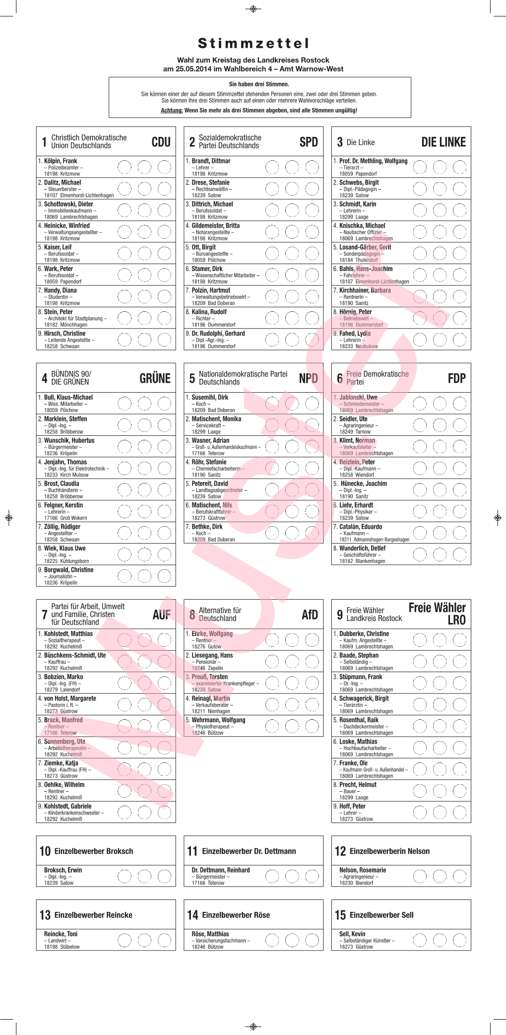 Stimmzettel Wahl Zum Kreistag Des Landkreises Rostock Am 25.05.2014 Im Wahlbereich 4 – Amt Warnow-West