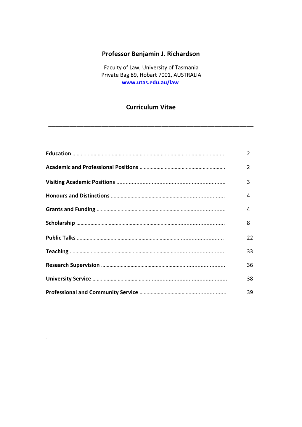 Professor Benjamin J. Richardson Curriculum Vitae