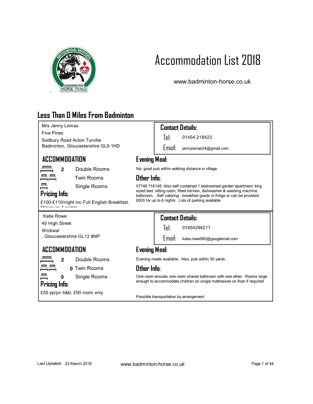 Accommodation List 2018
