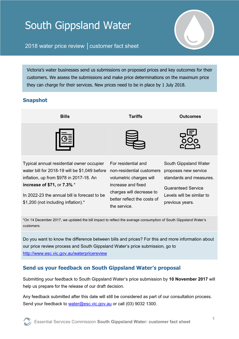 South Gippsland Water: Customer Fact Sheet