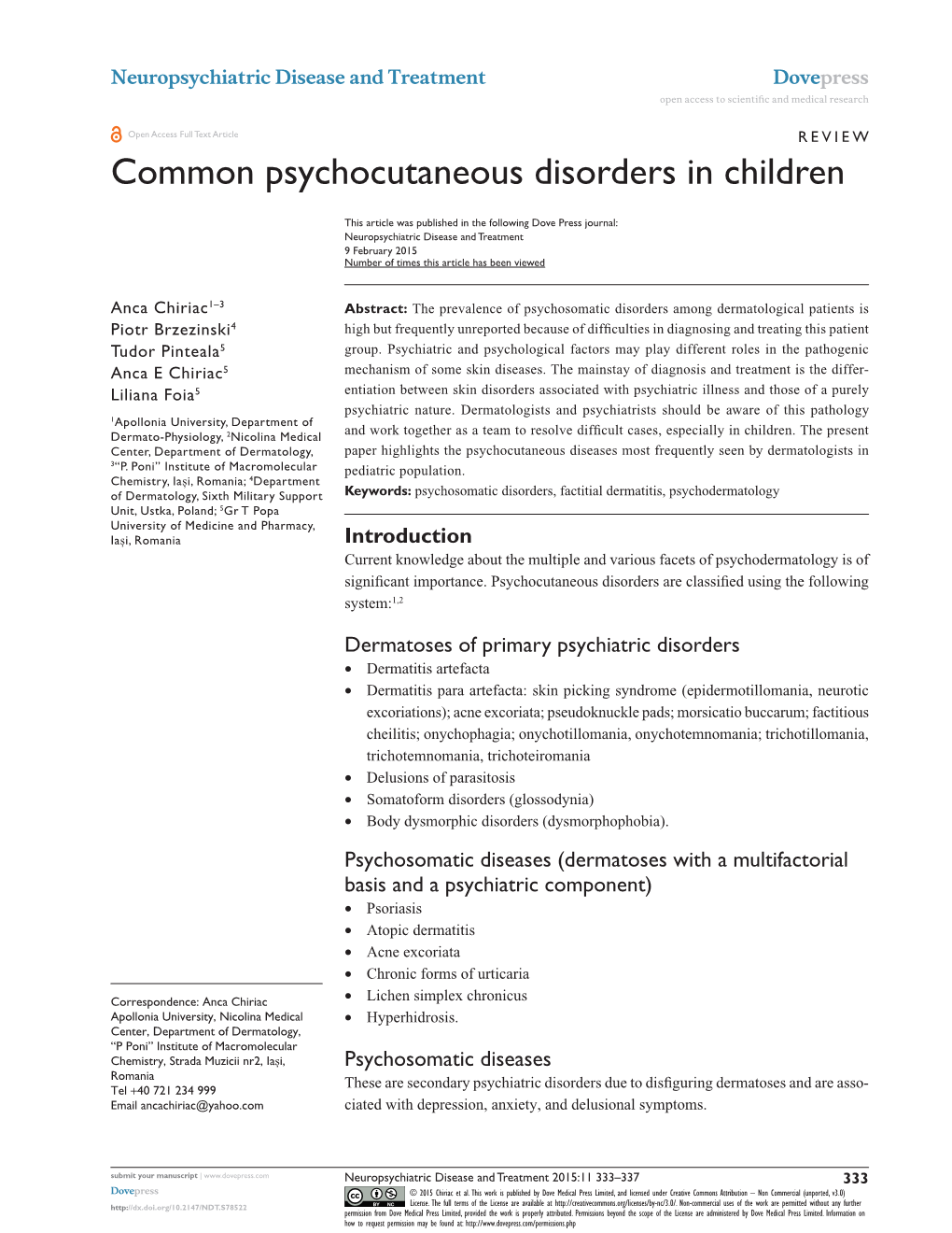 Common Psychocutaneous Disorders in Children Open Access to Scientific and Medical Research DOI