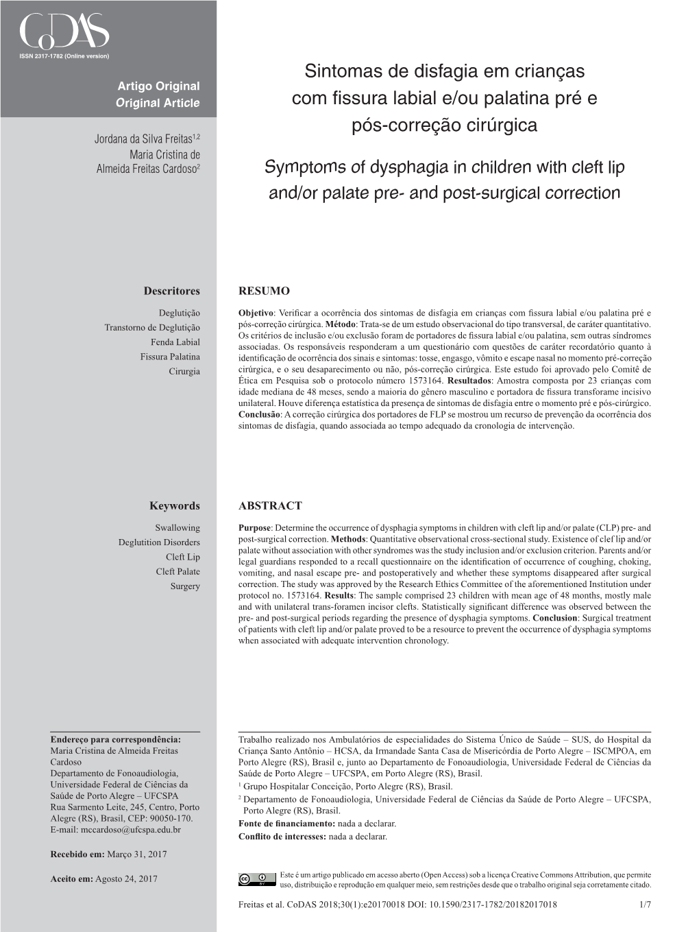 Symptoms of Dysphagia in Children with Cleft Lip And/Or Palate Pre- and Post-Surgical Correction