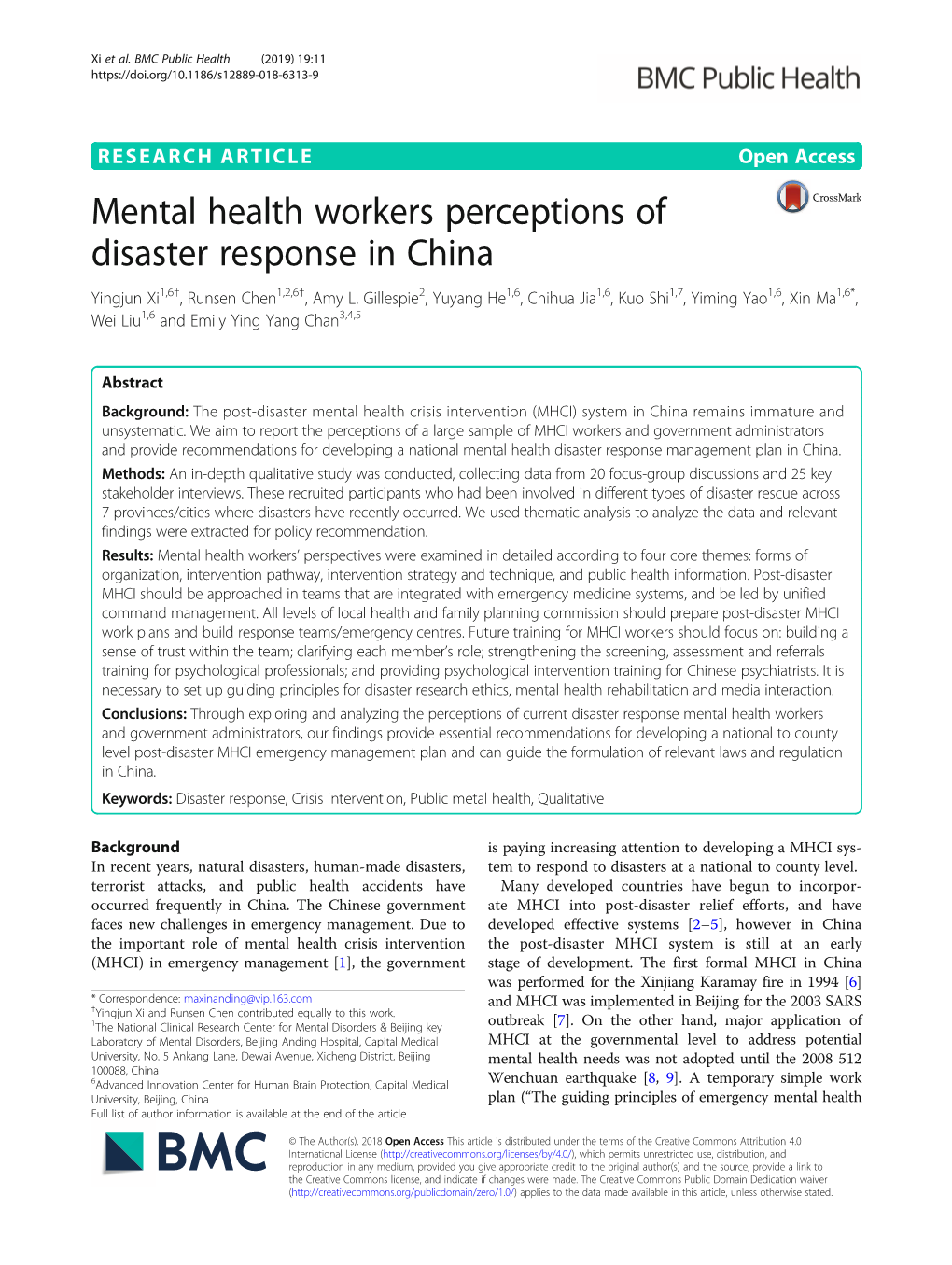 Mental Health Workers Perceptions of Disaster Response in China Yingjun Xi1,6†, Runsen Chen1,2,6†, Amy L