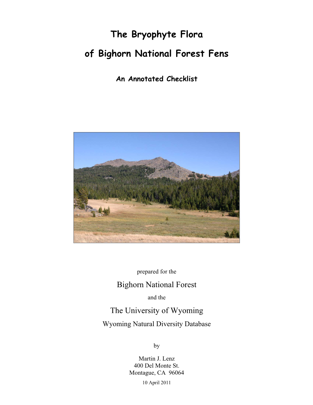 Annotated Checklist of Fen Bryophytes in the Bighorn National