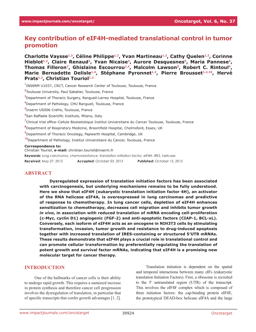 Key Contribution of Eif4h-Mediated Translational Control in Tumor Promotion