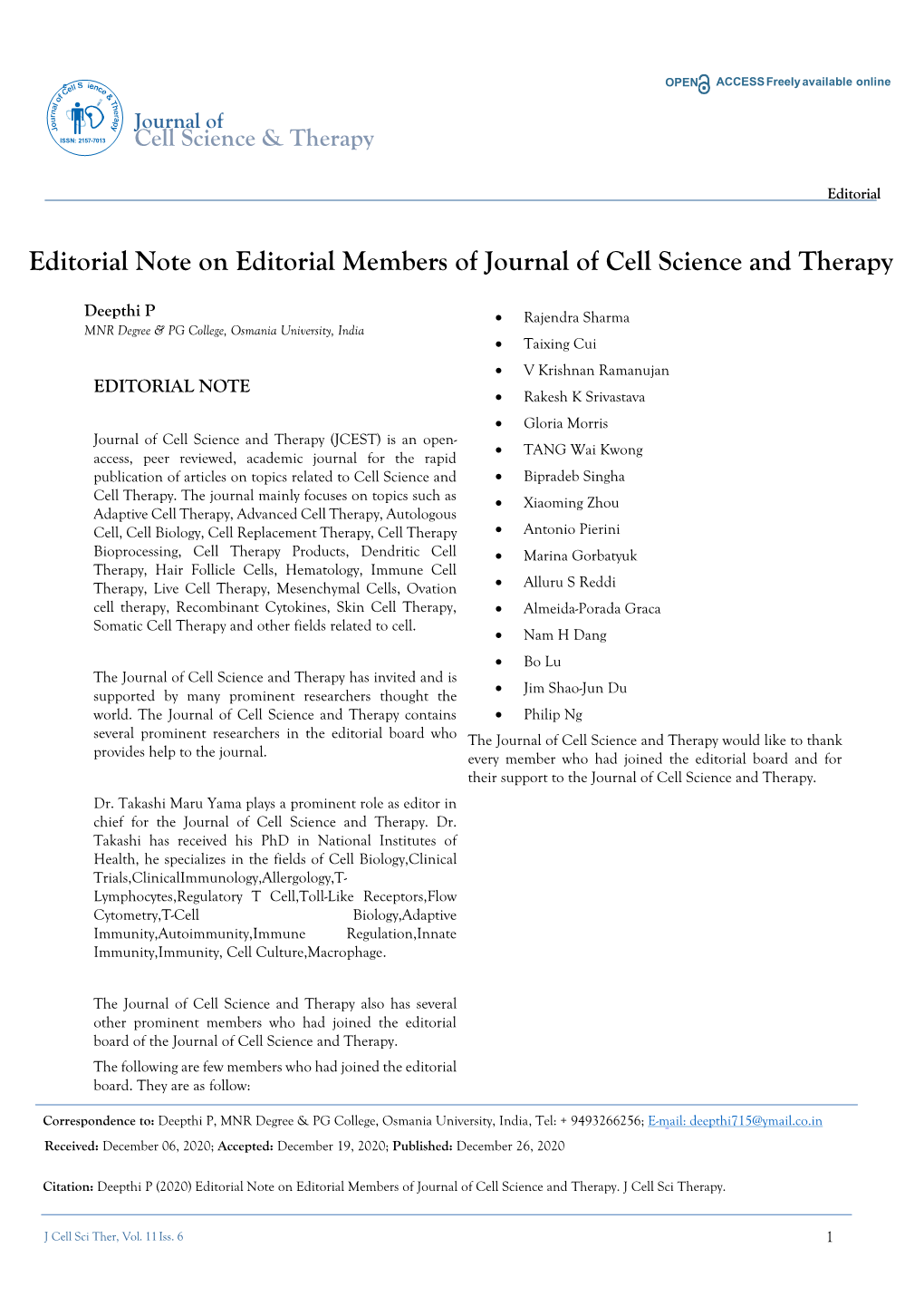 Editorial Note on Editorial Members of Journal of Cell Science and Therapy