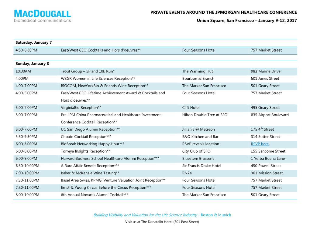 PRIVATE EVENTS AROUND the JPMORGAN HEALTHCARE CONFERENCE Union Square, San Francisco – January 9-12, 2017