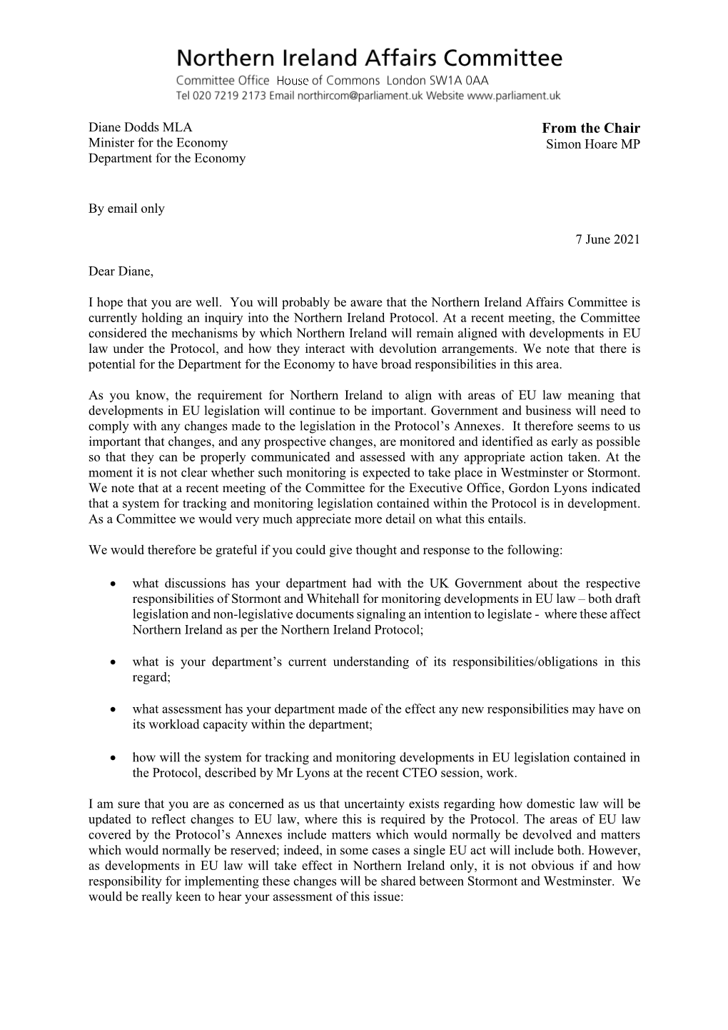 Correspondence to the NI Minister for the Economy, Relating to The