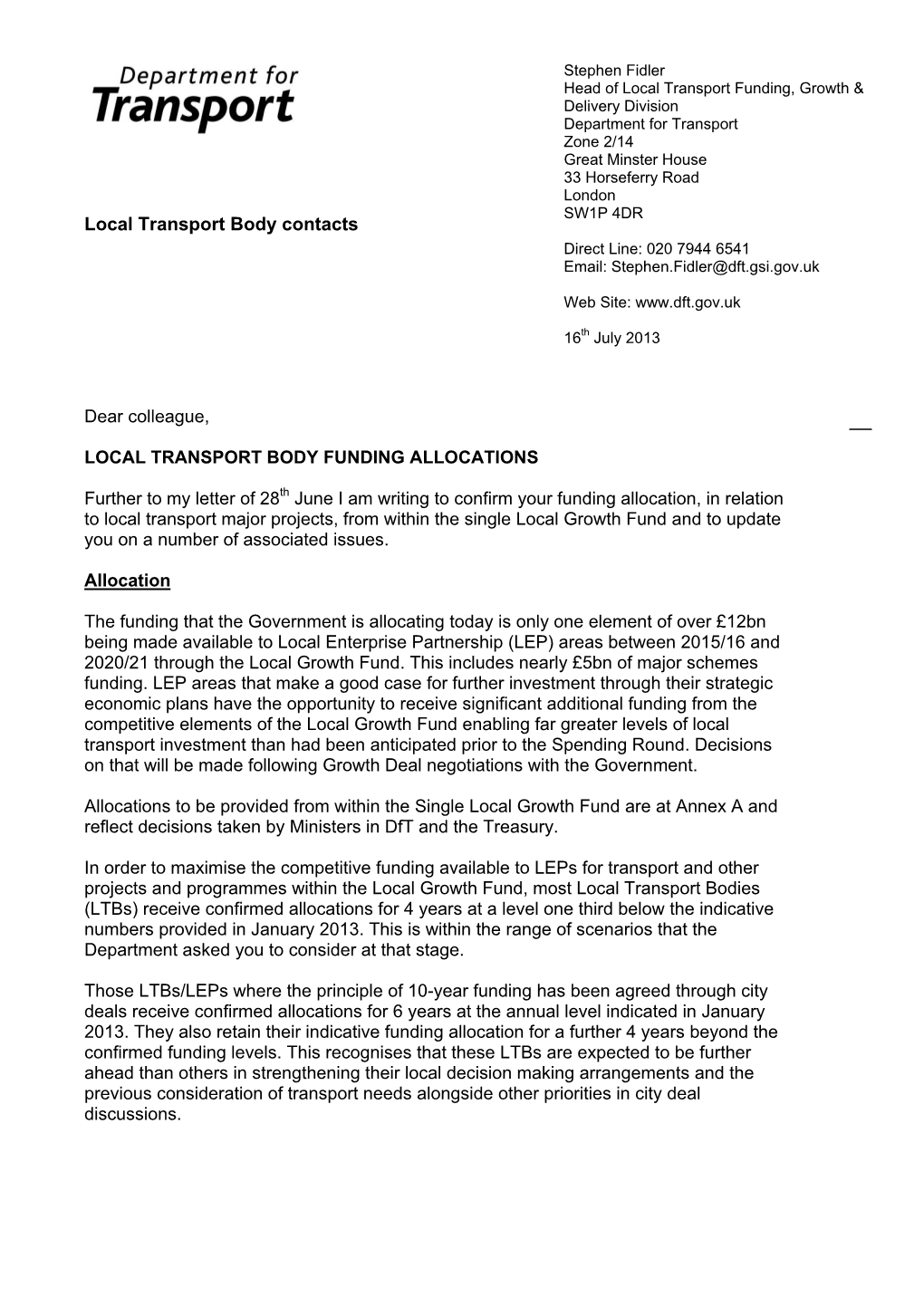 Download Local Transport Body Funding