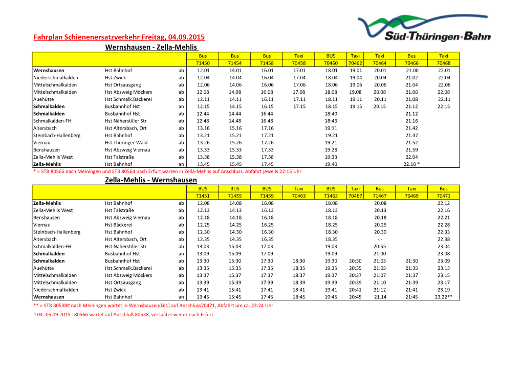 Wernshausen Fahrplan Schienenersatzverkehr Freitag, 04.09.2015