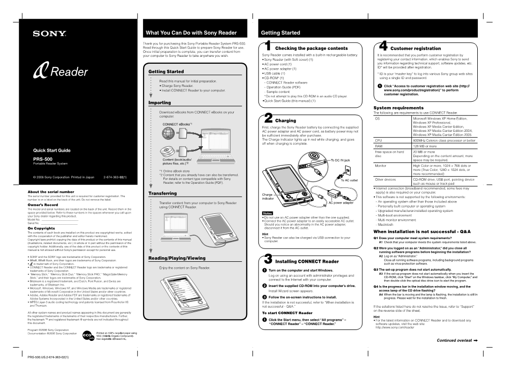 Sony Reader PRS-500 Quick Start Guide