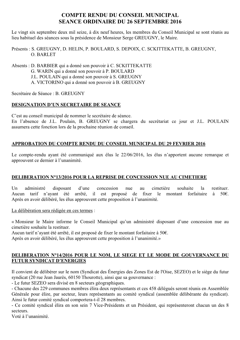 Compte Rendu Du Conseil Municipal Seance Ordinaire Du 26 Septembre 2016