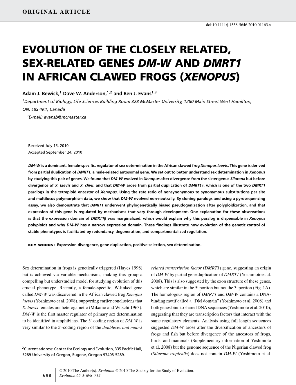 Evolution of the Closely Related, Sexrelated Genes Dmw and Dmrt1 in African Clawed Frogs