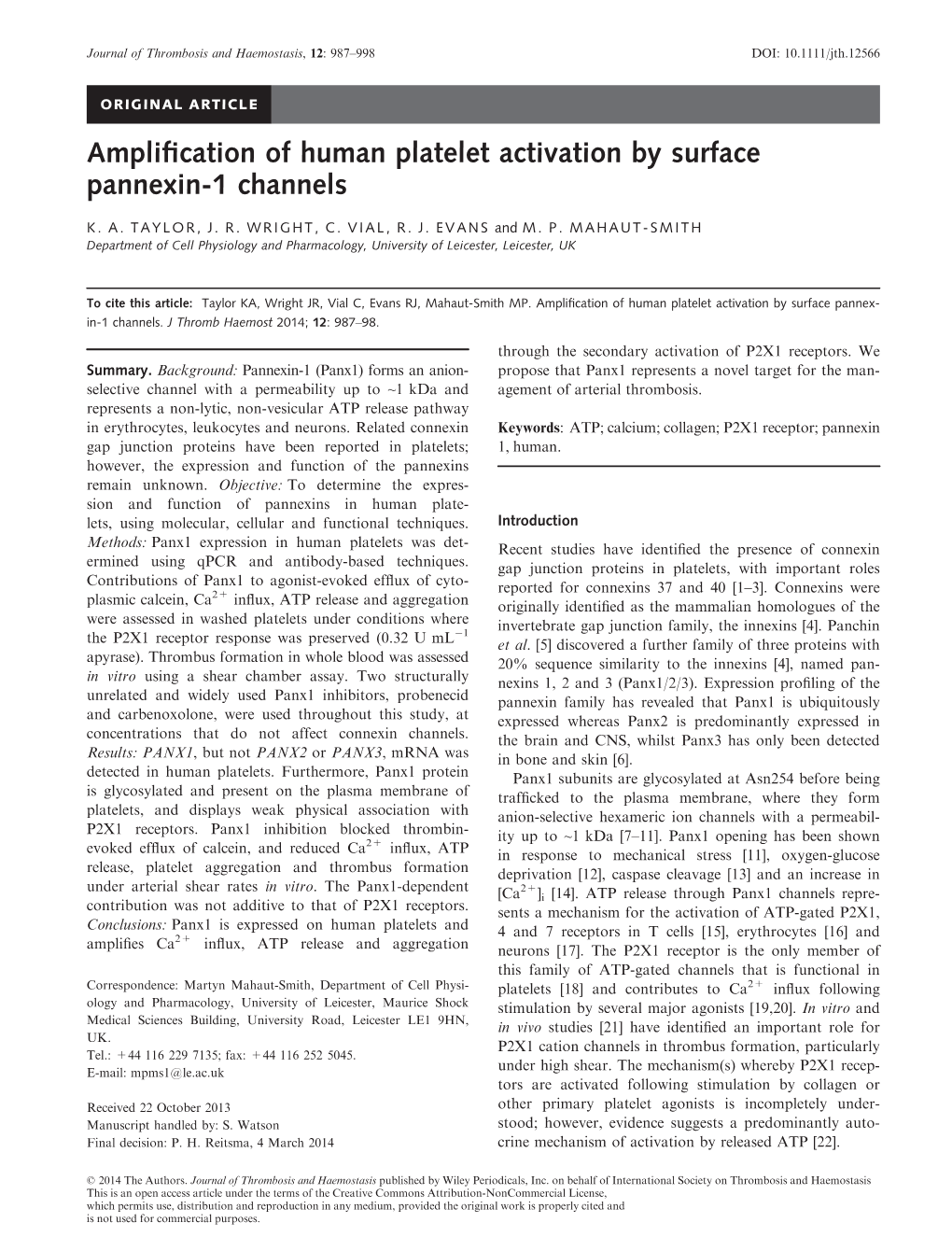 Amplification of Human Platelet Activation by Surface Pannexin1