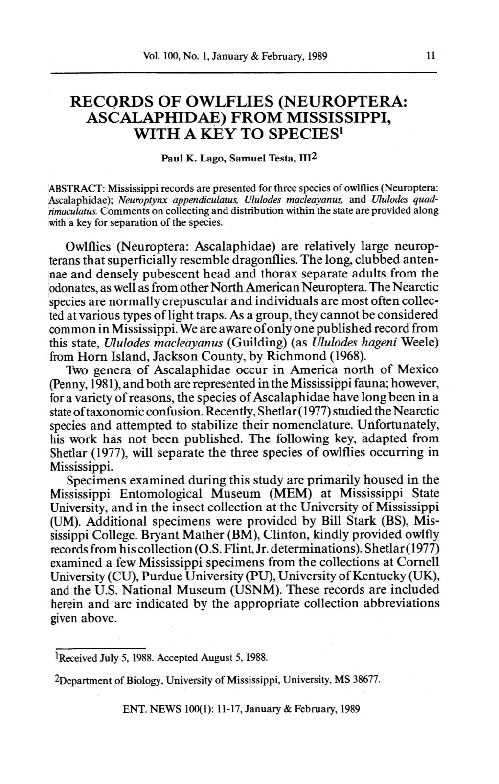 Recqrds of Owlflies (Neuroptera: Ascalaphidae) from Mississippi, with a Key to Species1