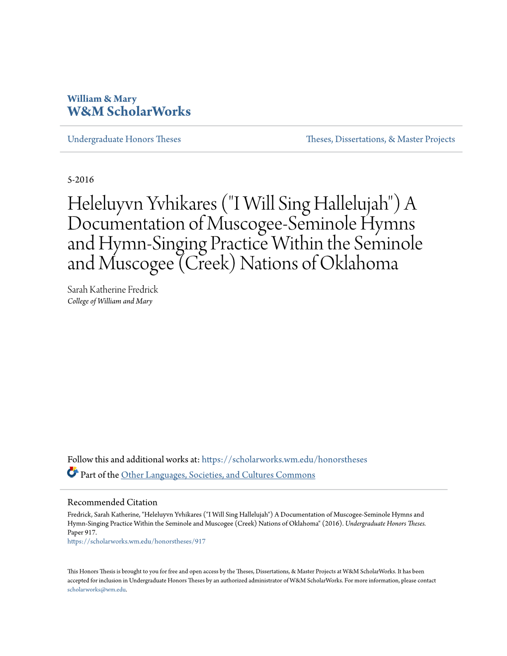 A Documentation of Muscogee-Seminole Hymns And