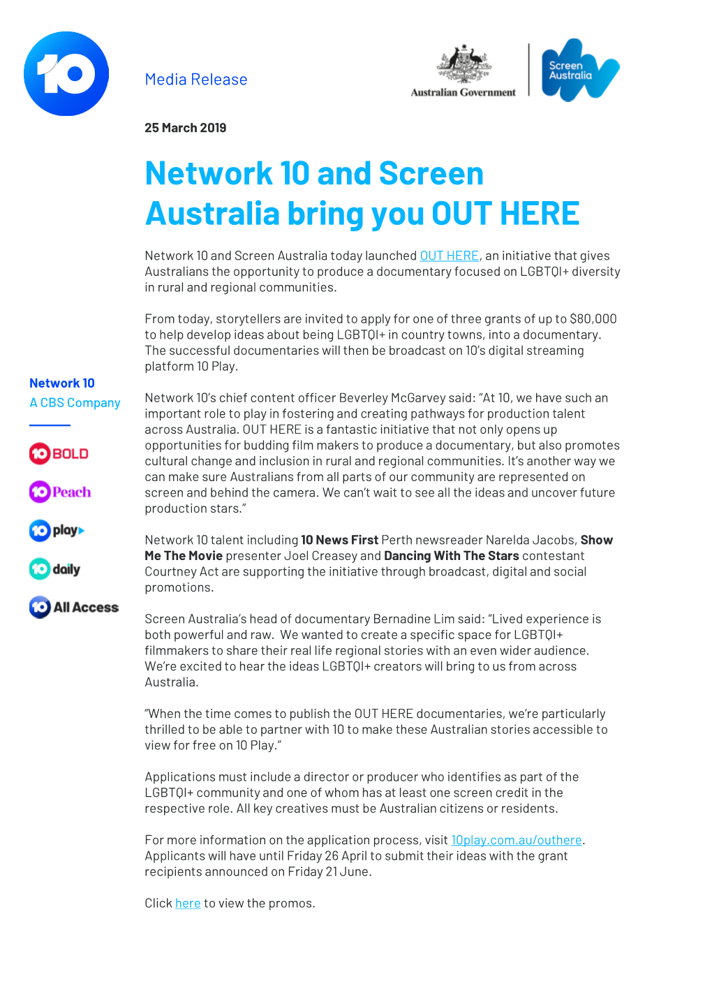 Network 10 and Screen Australia Bring You out HERE