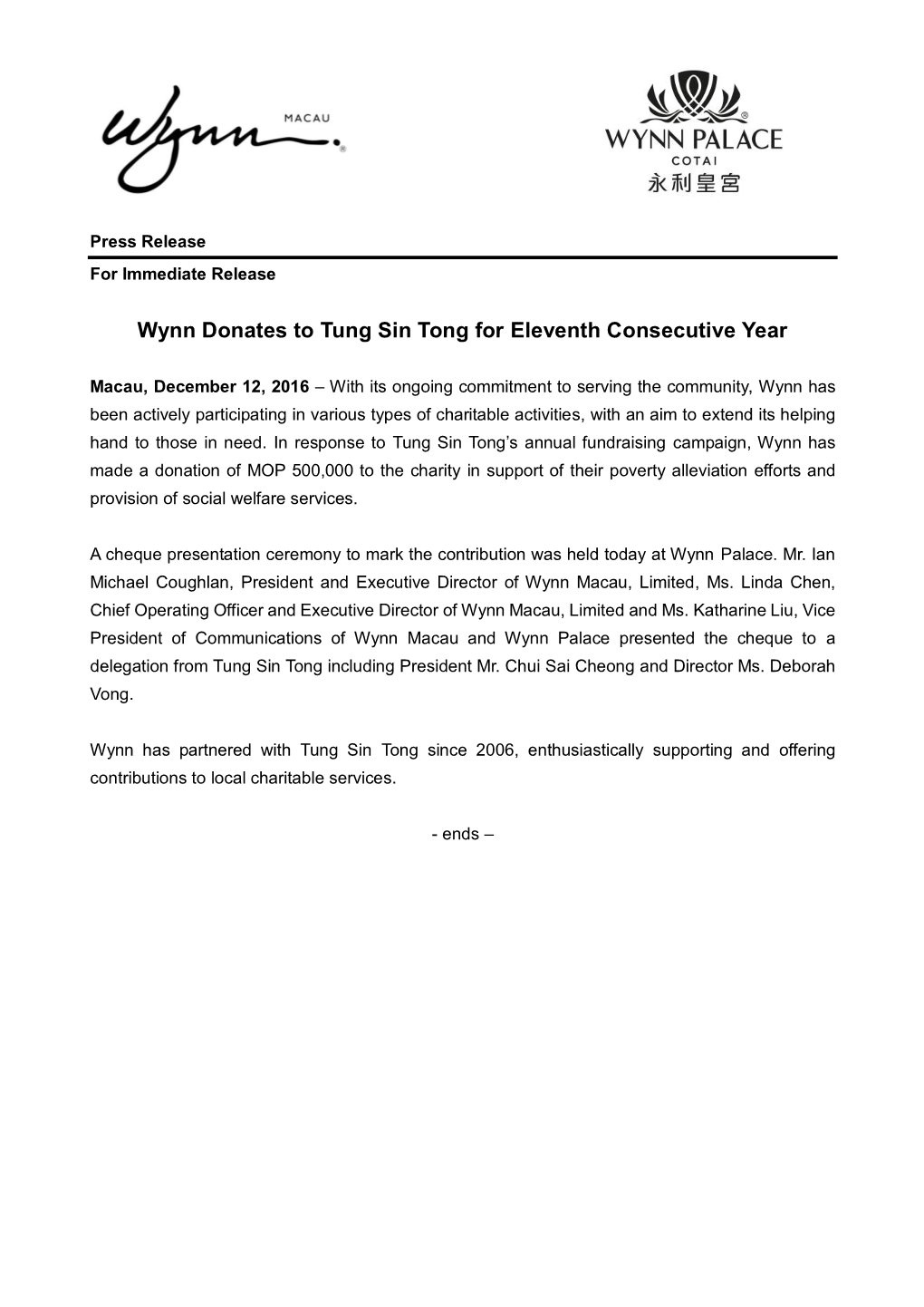 Wynn Donates to Tung Sin Tong for Eleventh Consecutive Year