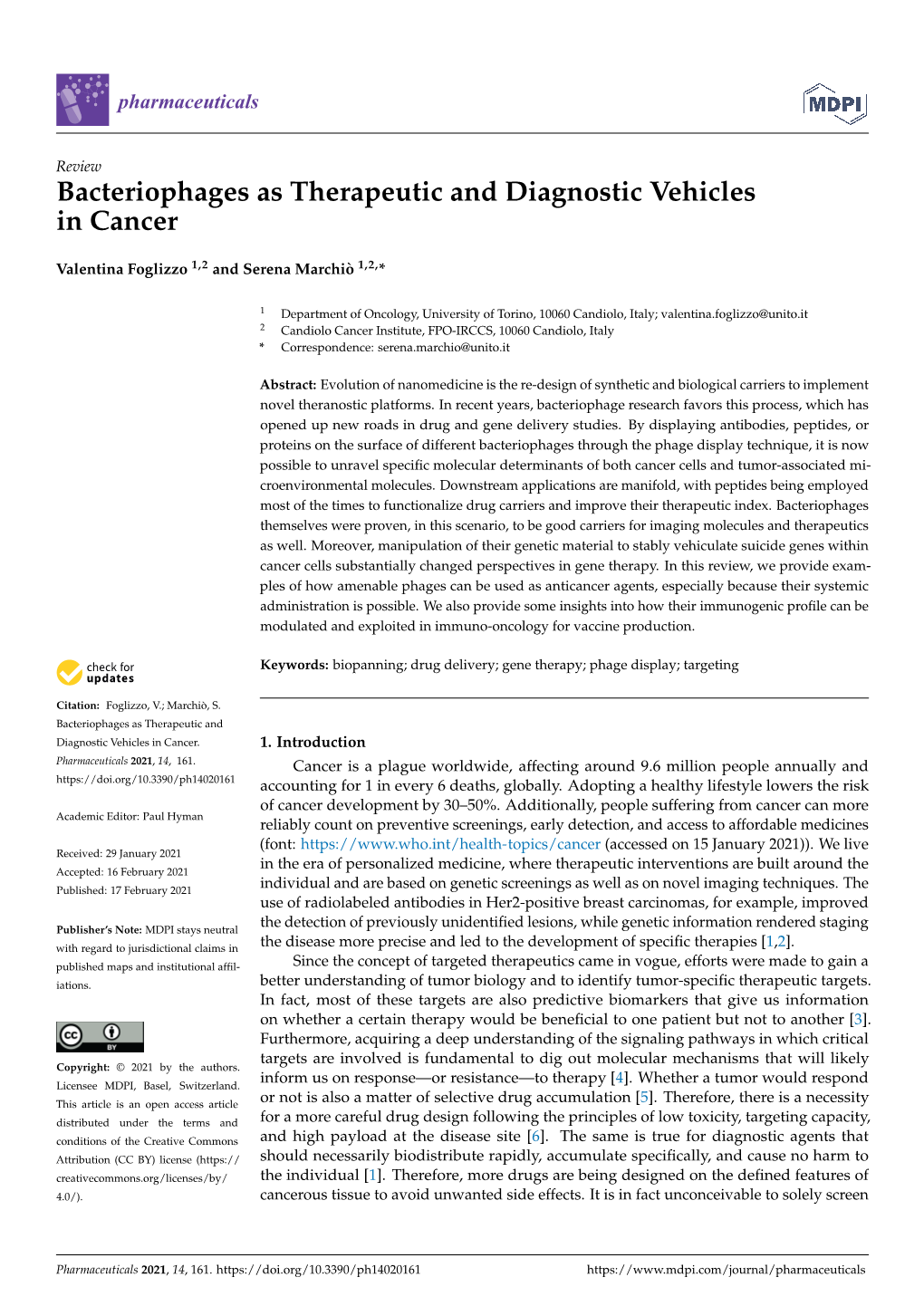 Bacteriophages As Therapeutic and Diagnostic Vehicles in Cancer