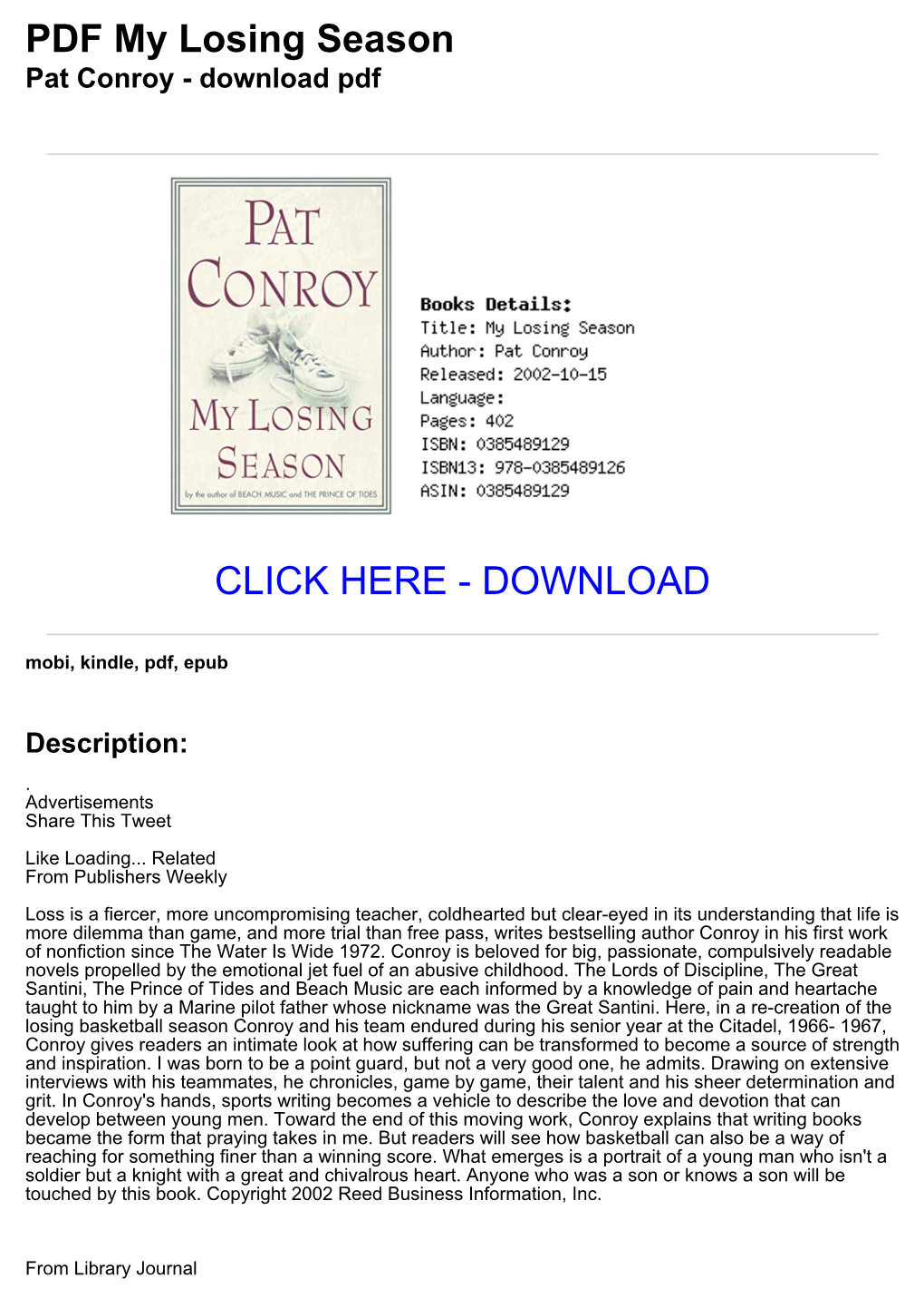 [511E8fd] PDF My Losing Season Pat Conroy