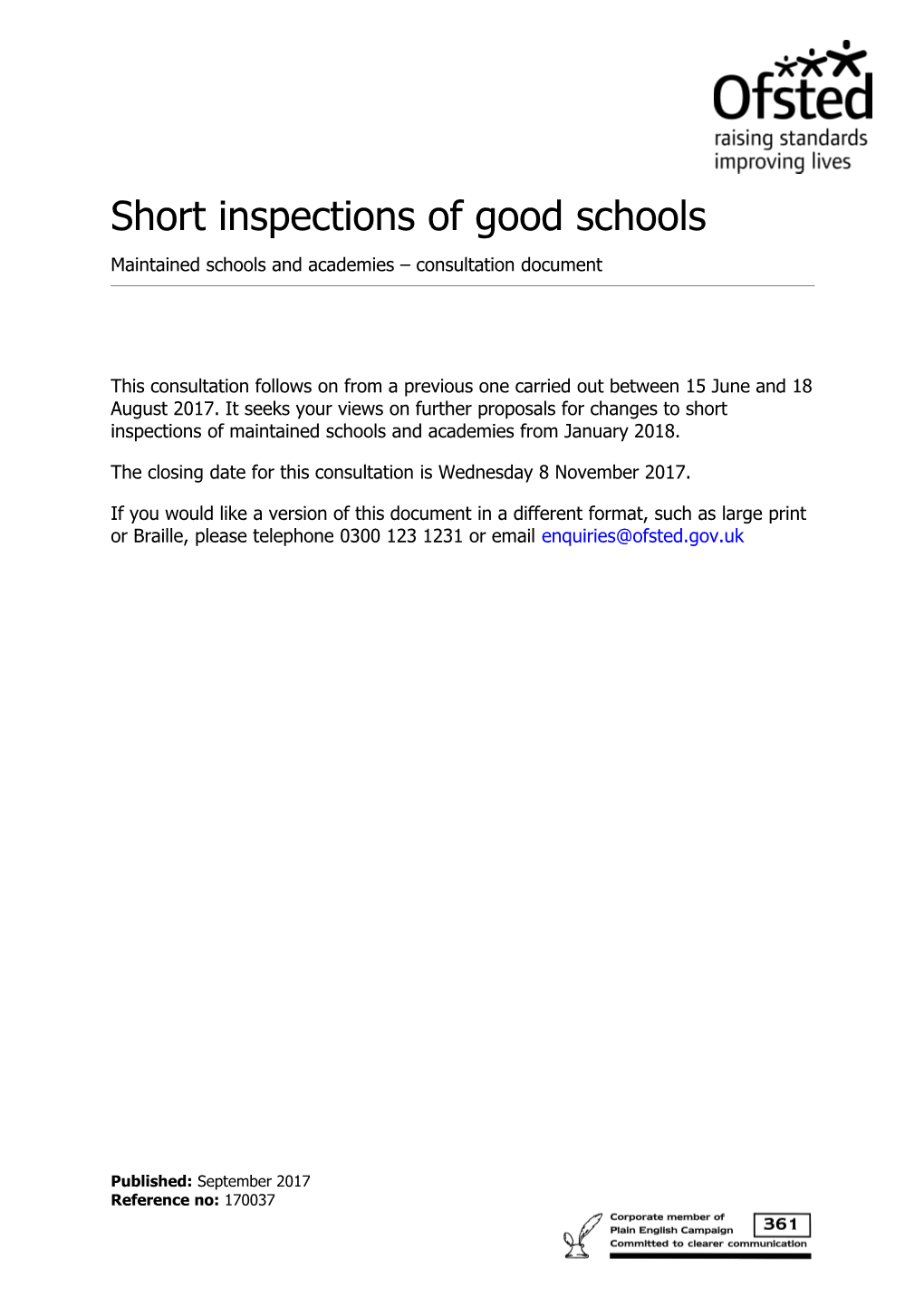 Consultation on Short Inspections: Maintained Schools and Academies