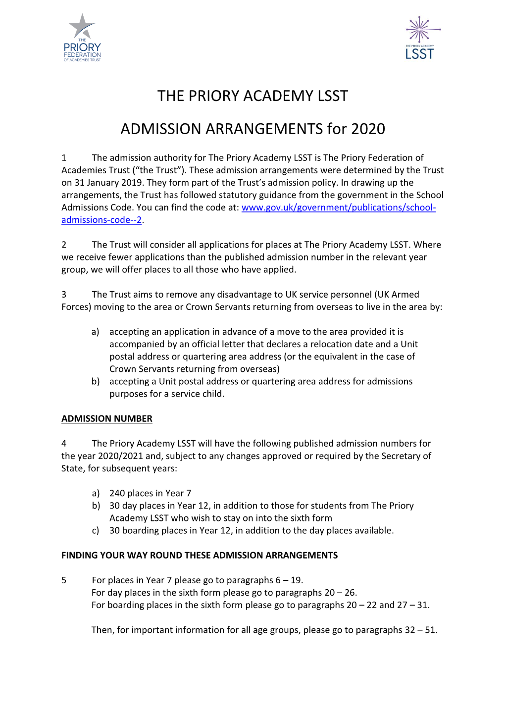 THE PRIORY ACADEMY LSST ADMISSION ARRANGEMENTS For