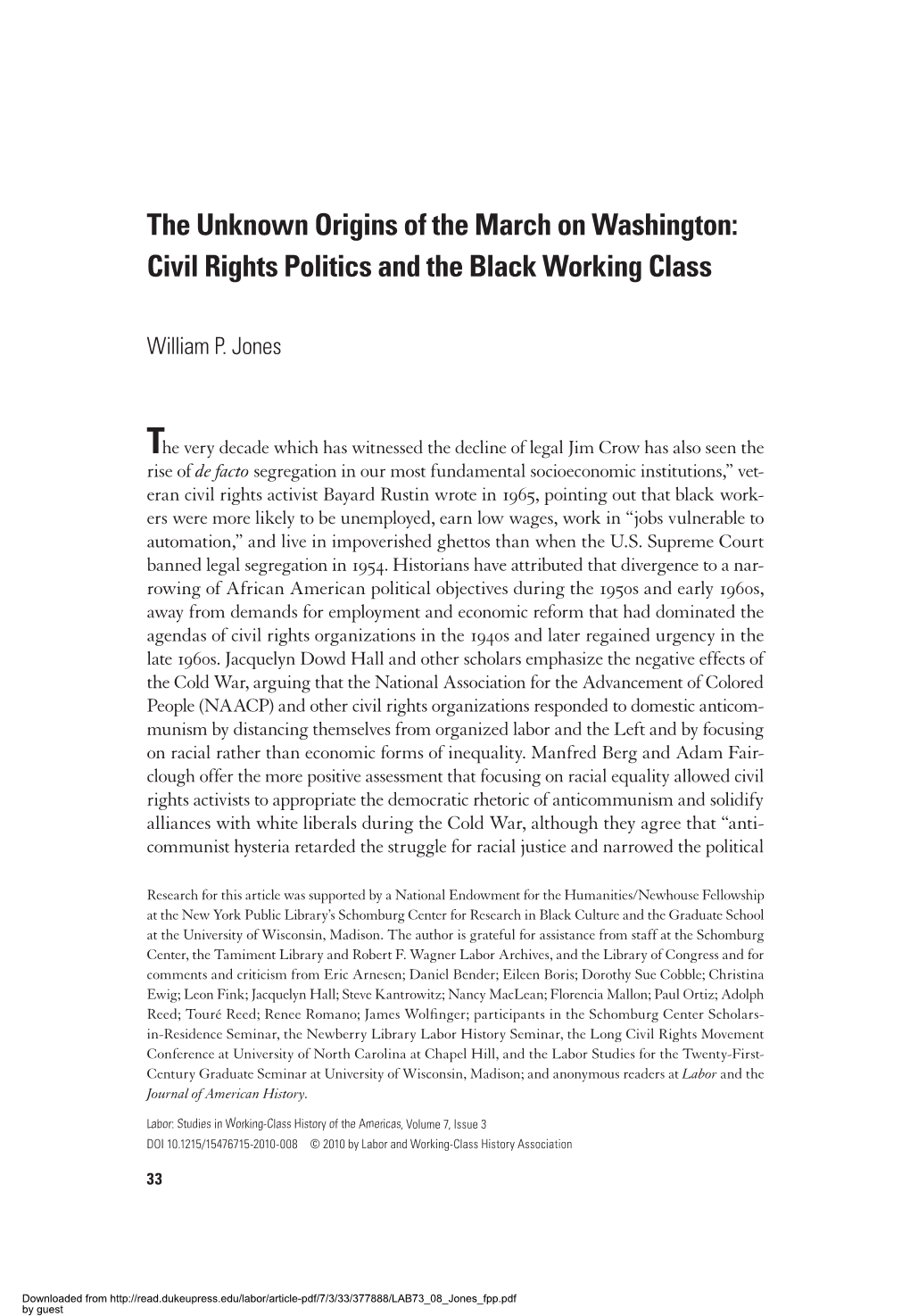 The Unknown Origins of the March on Washington: Civil Rights Politics and the Black Working Class