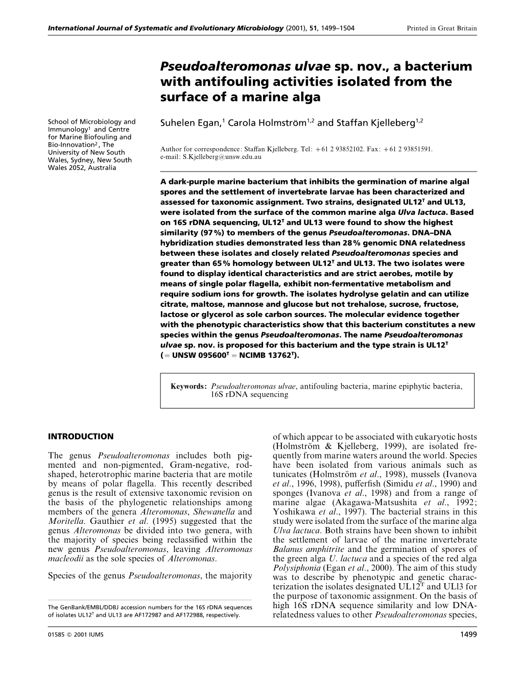 Pseudoalteromonas Ulvae Sp. Nov., a Bacterium with Antifouling Activities Isolated from the Surface of a Marine Alga