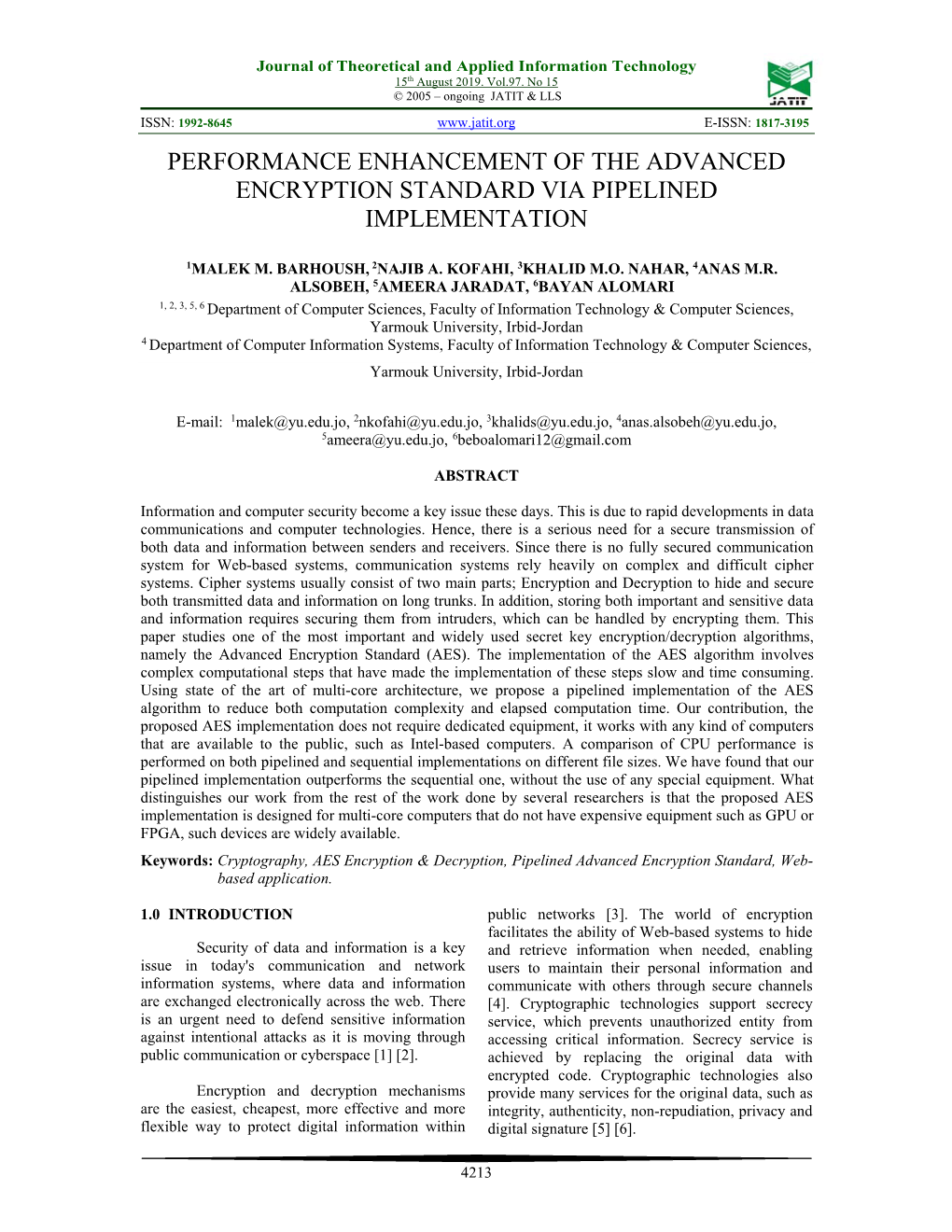 Performance Enhancement of the Advanced Encryption Standard Via Pipelined Implementation