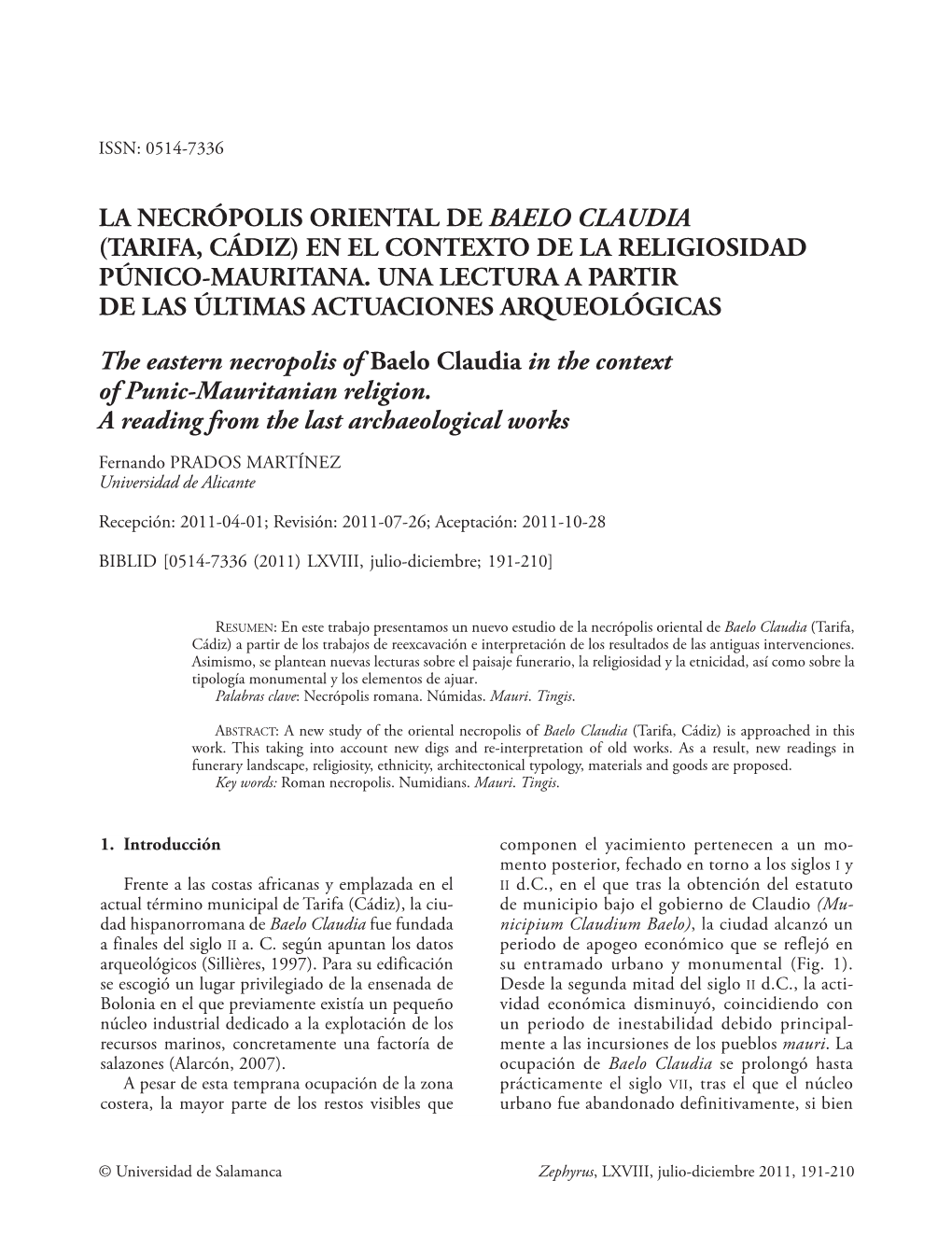 La Necrópolis Oriental De Baelo Claudia (Tarifa, Cádiz) En El Contexto De La Religiosidad Púnico-Mauritana. Una Lectura A