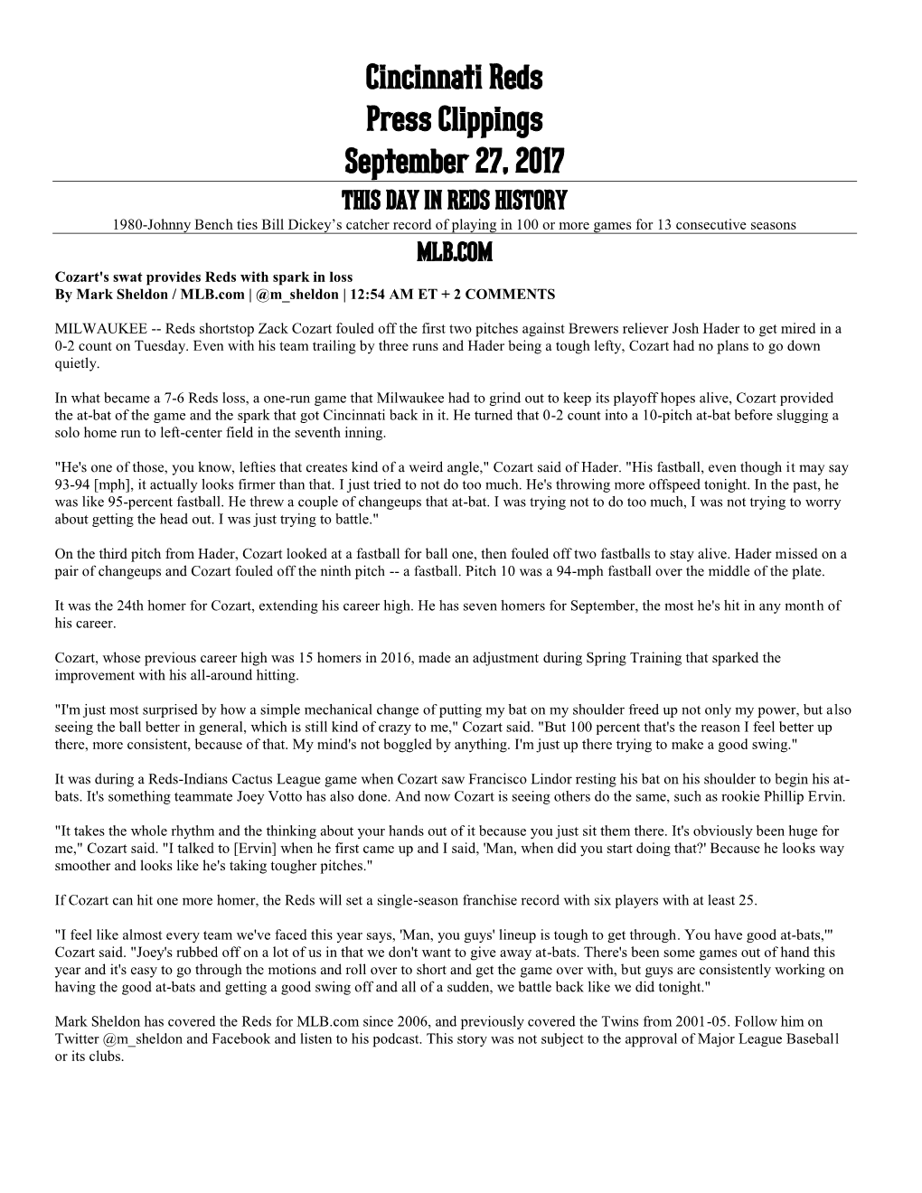 Cincinnati Reds Press Clippings September 27, 2017