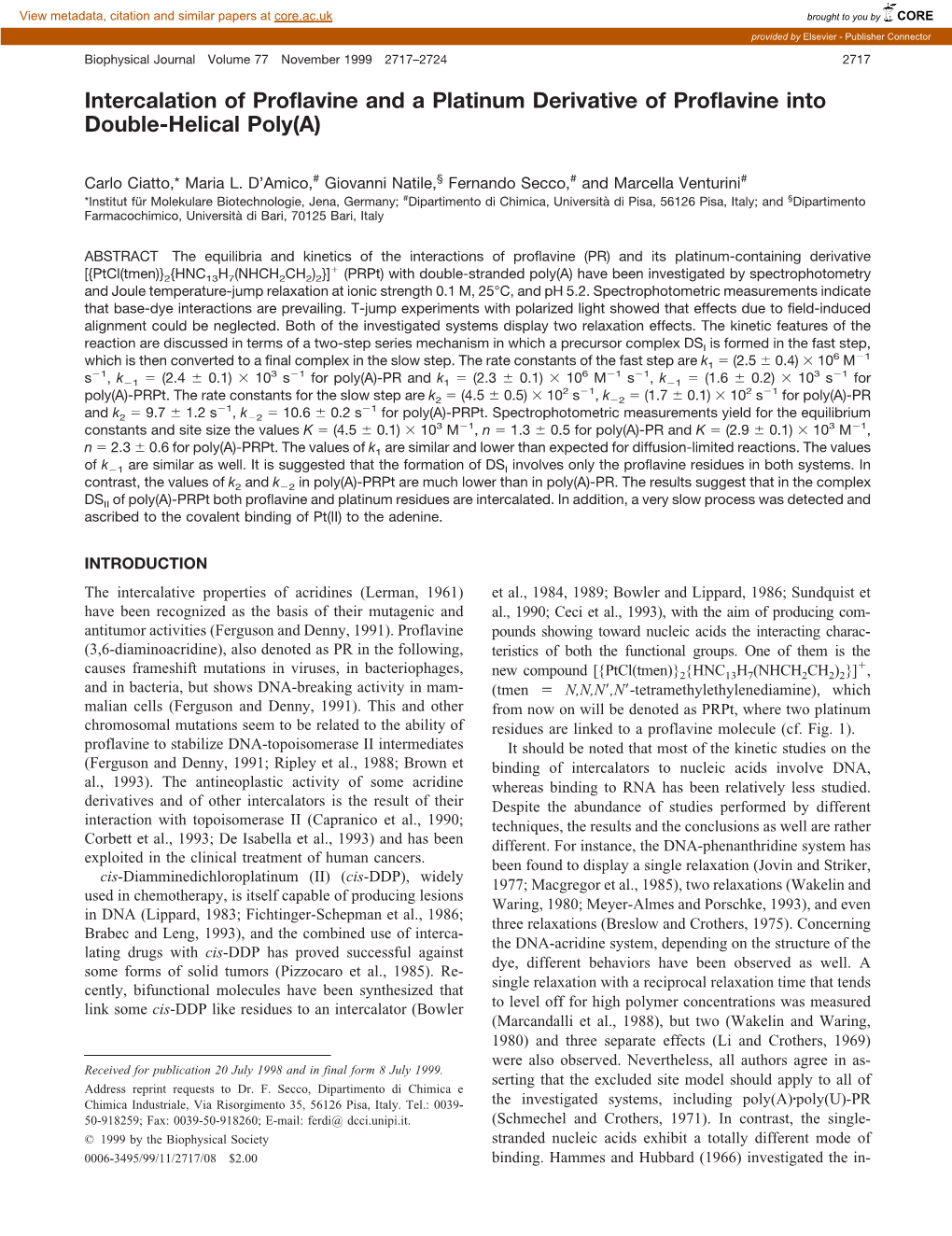 Intercalation of Proflavine and a Platinum Derivative of Proflavine Into Double-Helical Poly(A)