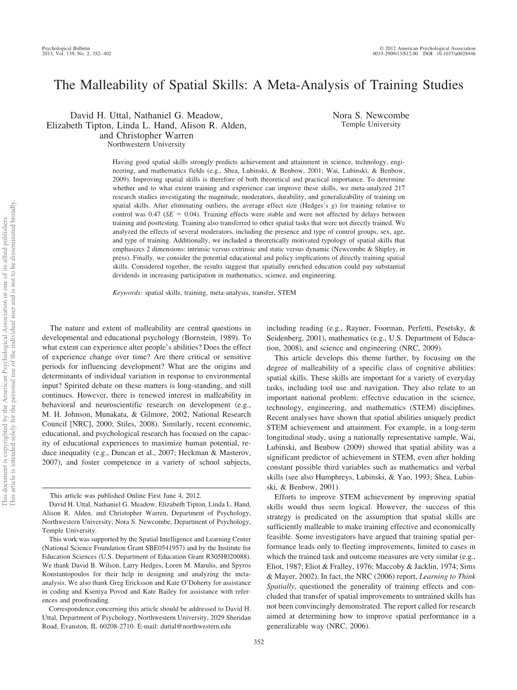 The Malleability of Spatial Skills: a Meta-Analysis of Training Studies