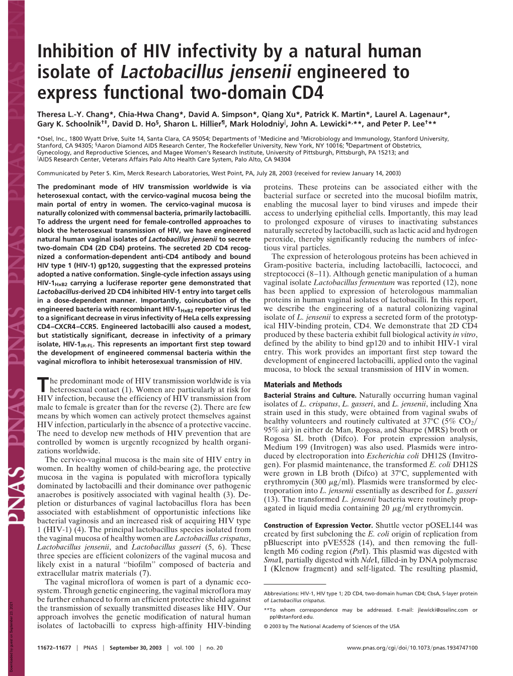 Inhibition of HIV Infectivity by a Natural Human Isolate of Lactobacillus Jensenii Engineered to Express Functional Two-Domain CD4