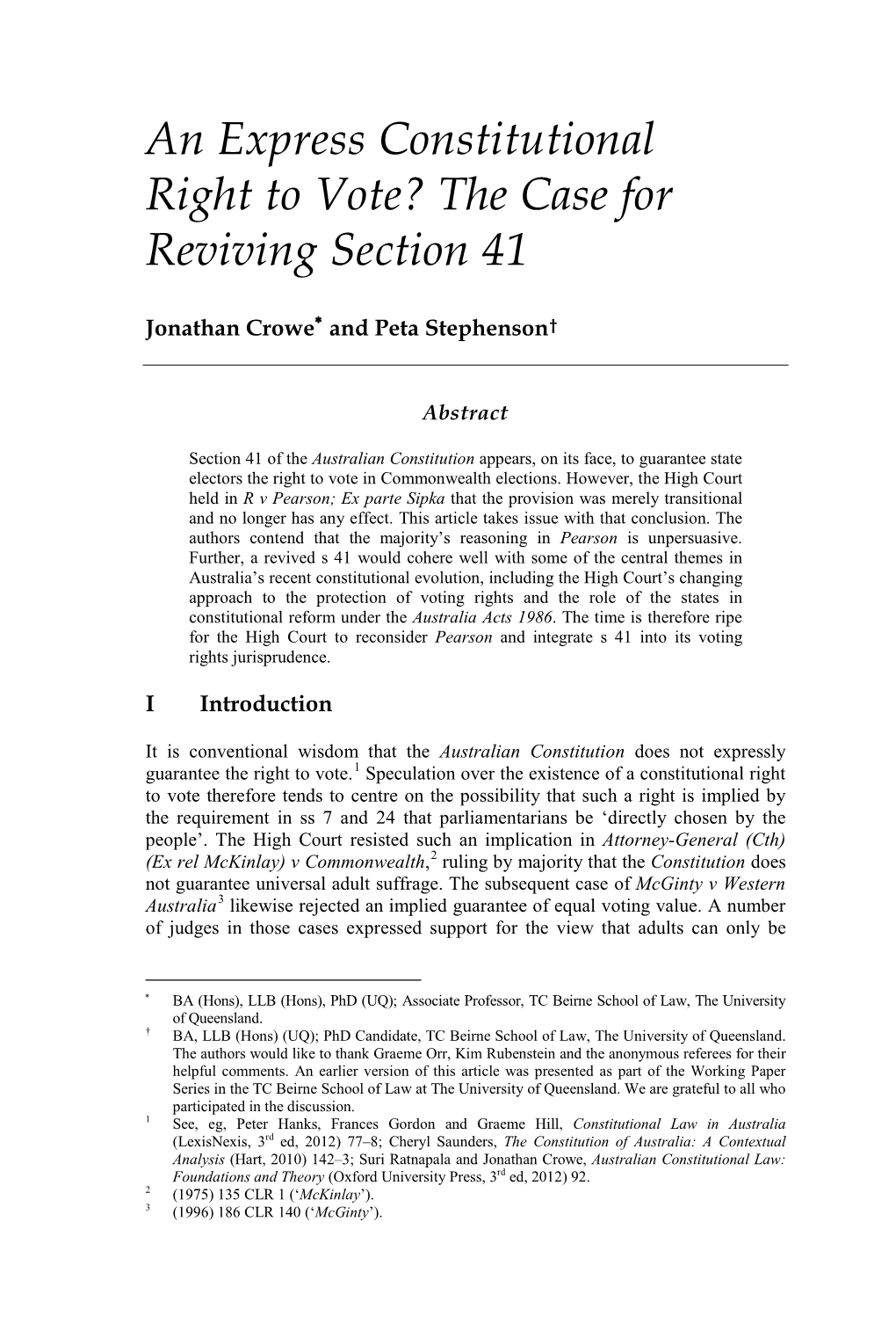 An Express Constitutional Right to Vote? the Case for Reviving Section 41