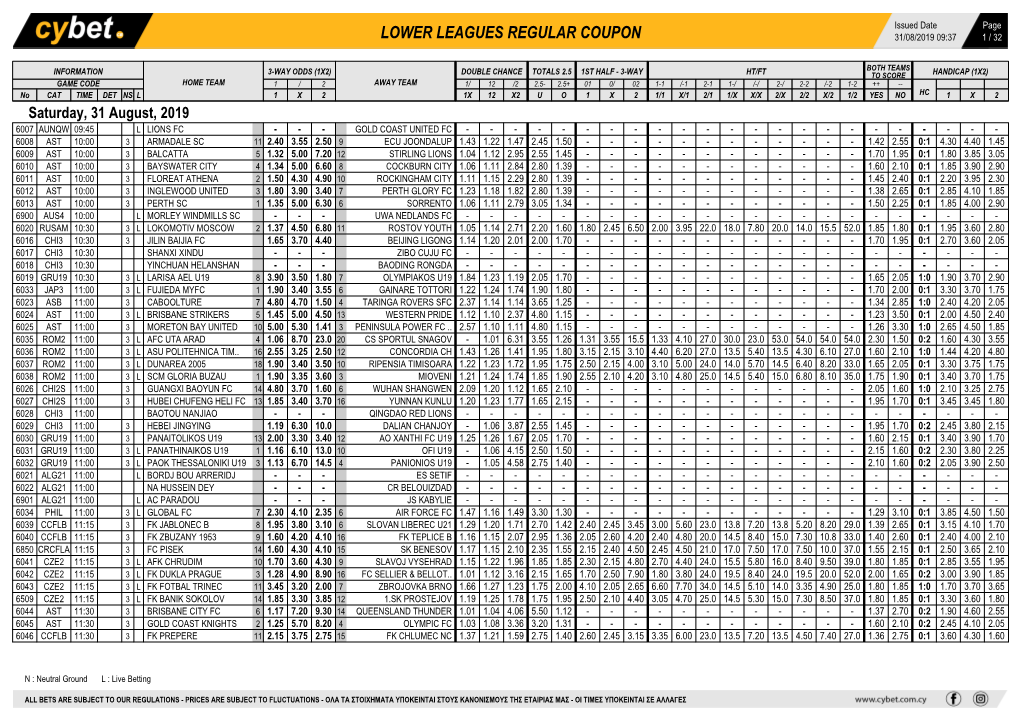 Lower Leagues Regular Coupon 31/08/2019 09:37 1 / 32