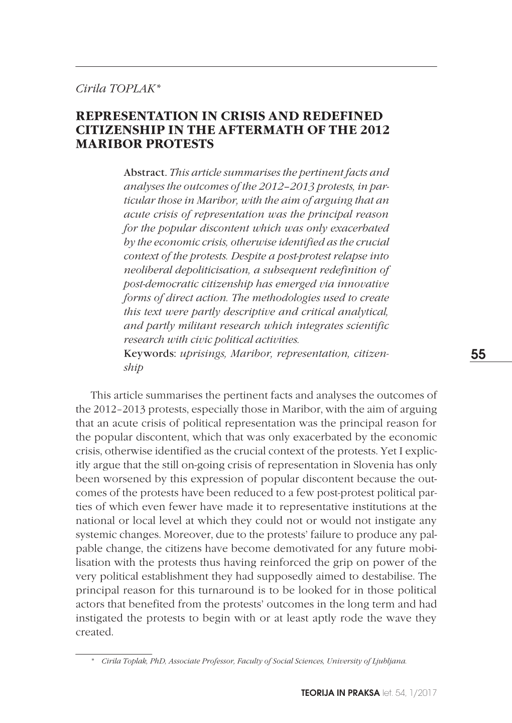 Representation in Crisis and Redefined Citizenship in the Aftermath of the 2012 Maribor Protests