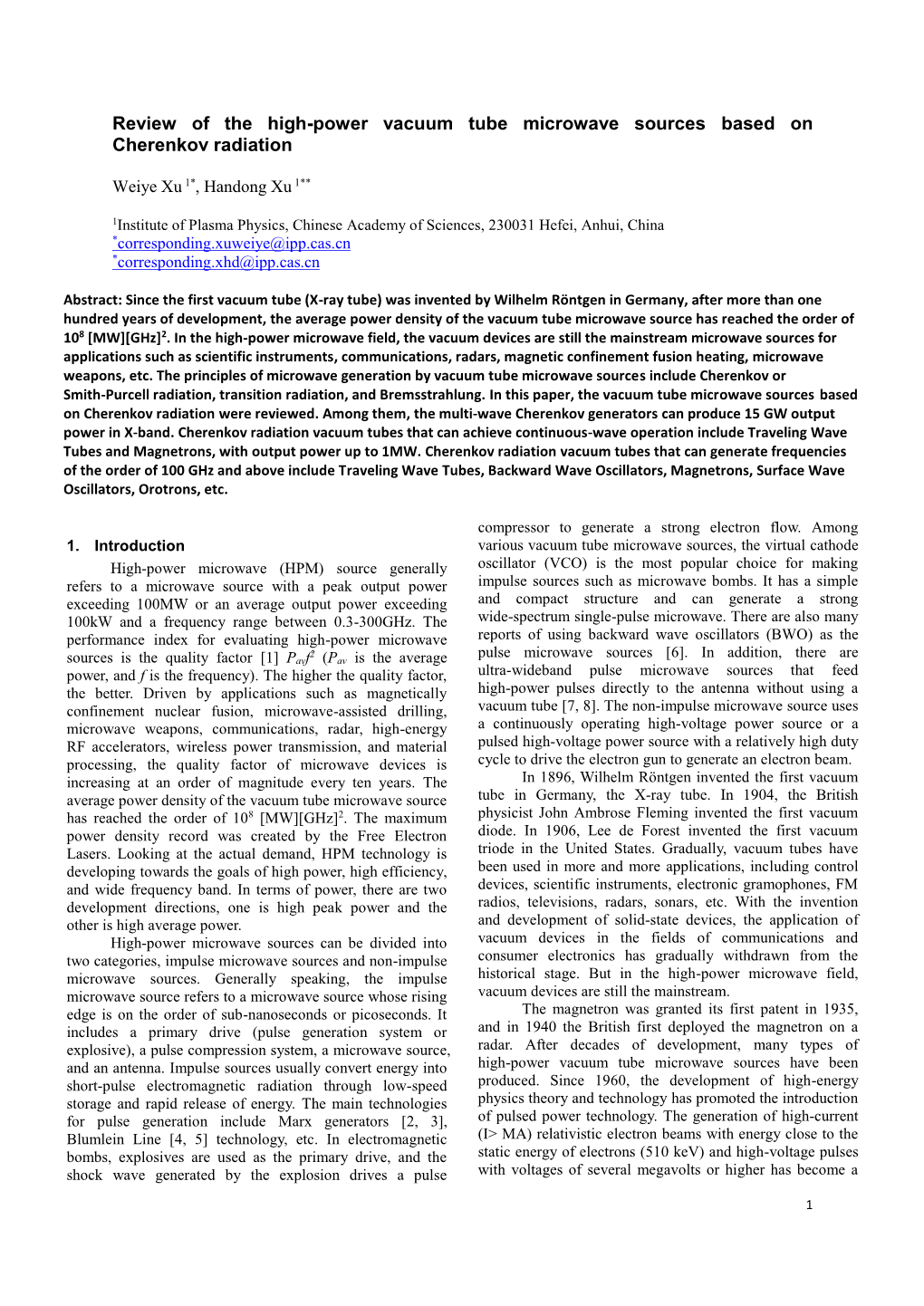 Review of the High-Power Vacuum Tube Microwave Sources Based on Cherenkov Radiation