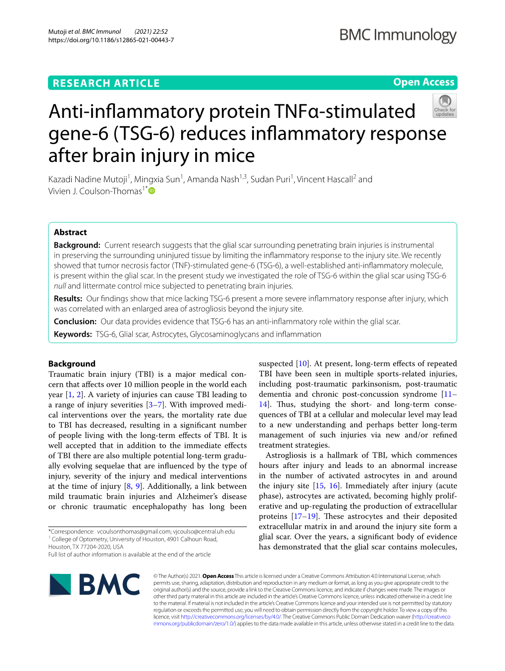 (TSG-6) Reduces Inflammatory Response After Brain Injury in Mice