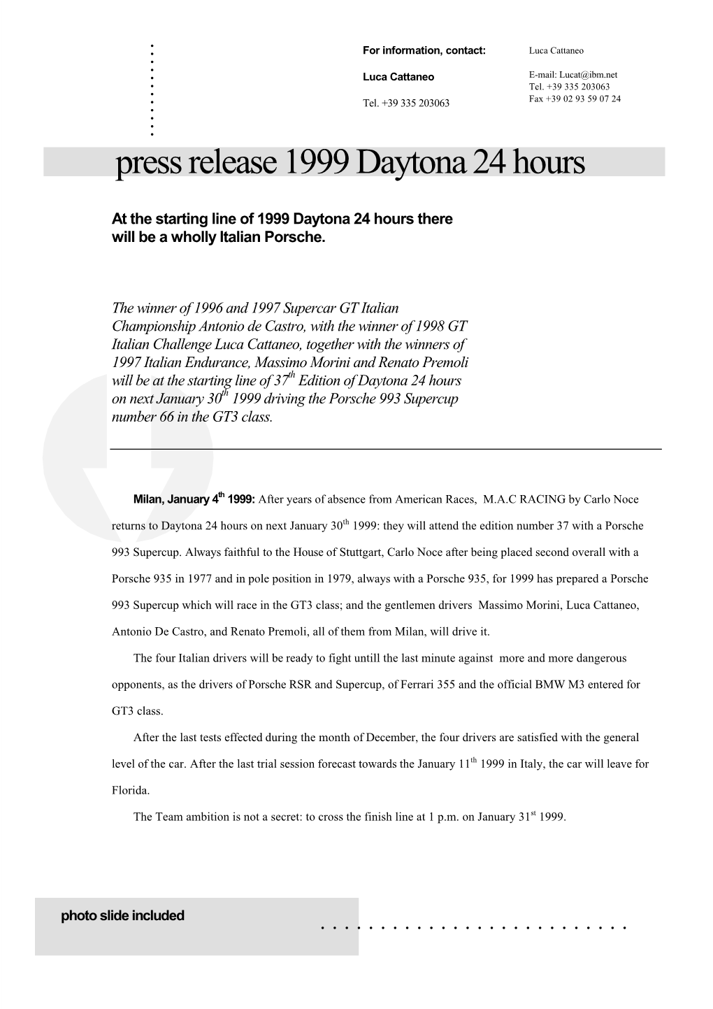 Press Release 1999 Daytona 24 Hours