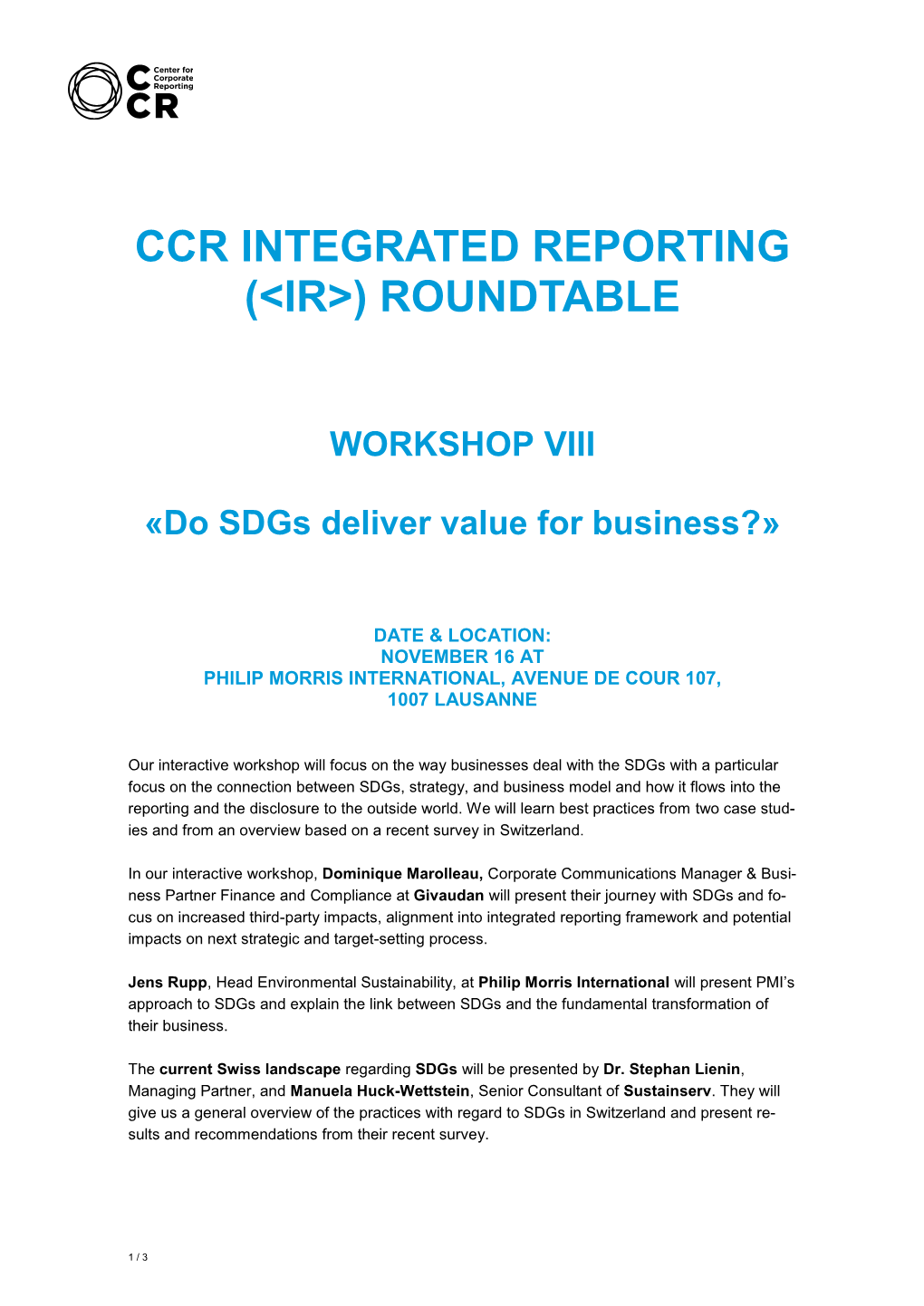 CCR INTEGRATED REPORTING (&lt;IR&gt;) ROUNDTABLE