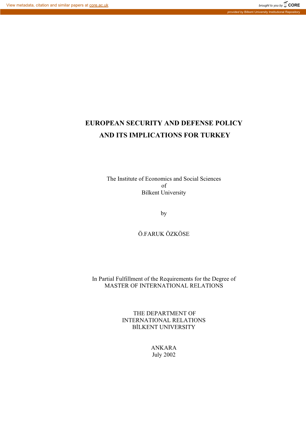 European Security and Defense Policy and Its Implications for Turkey