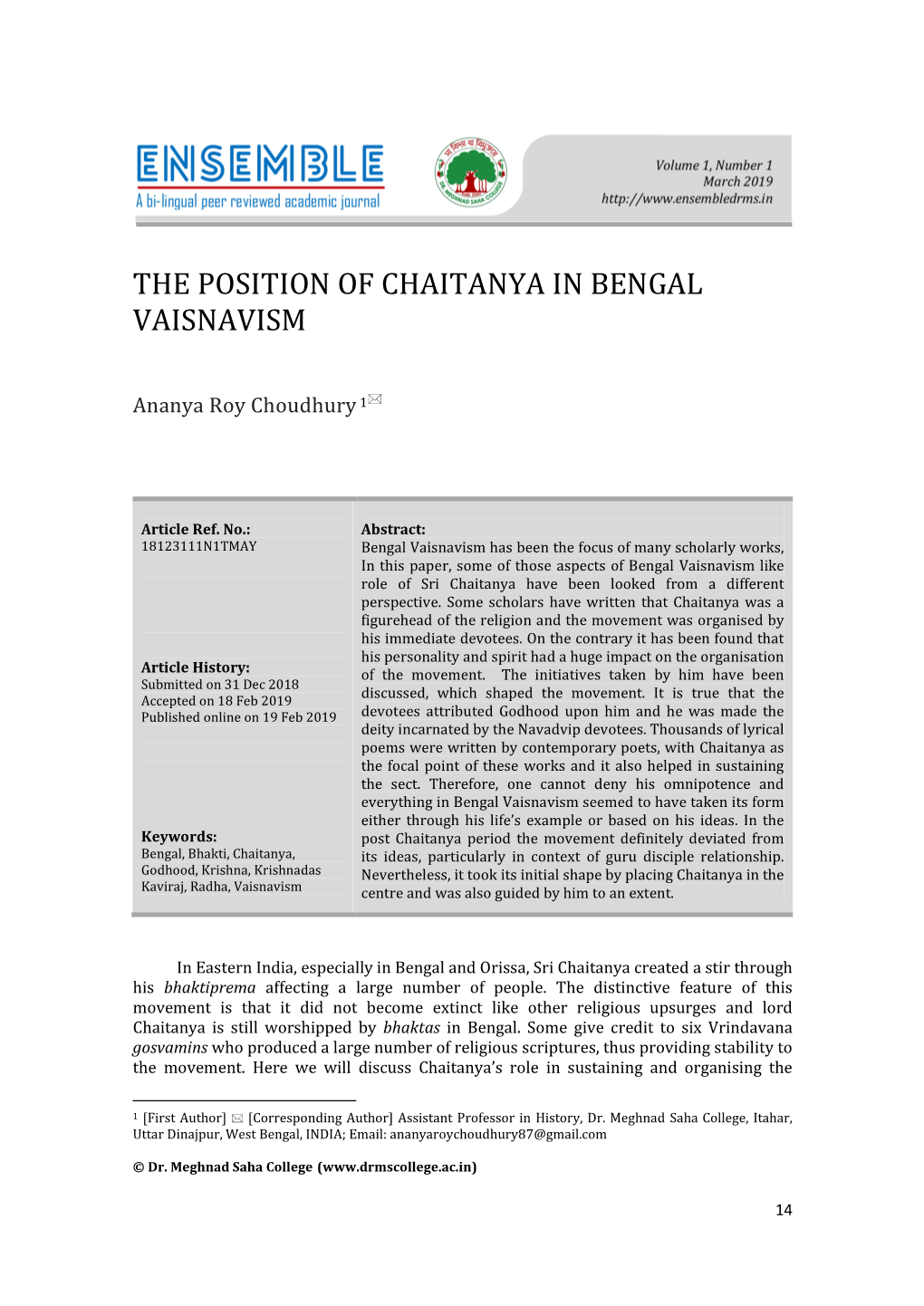 The Position of Chaitanya in Bengal Vaisnavism