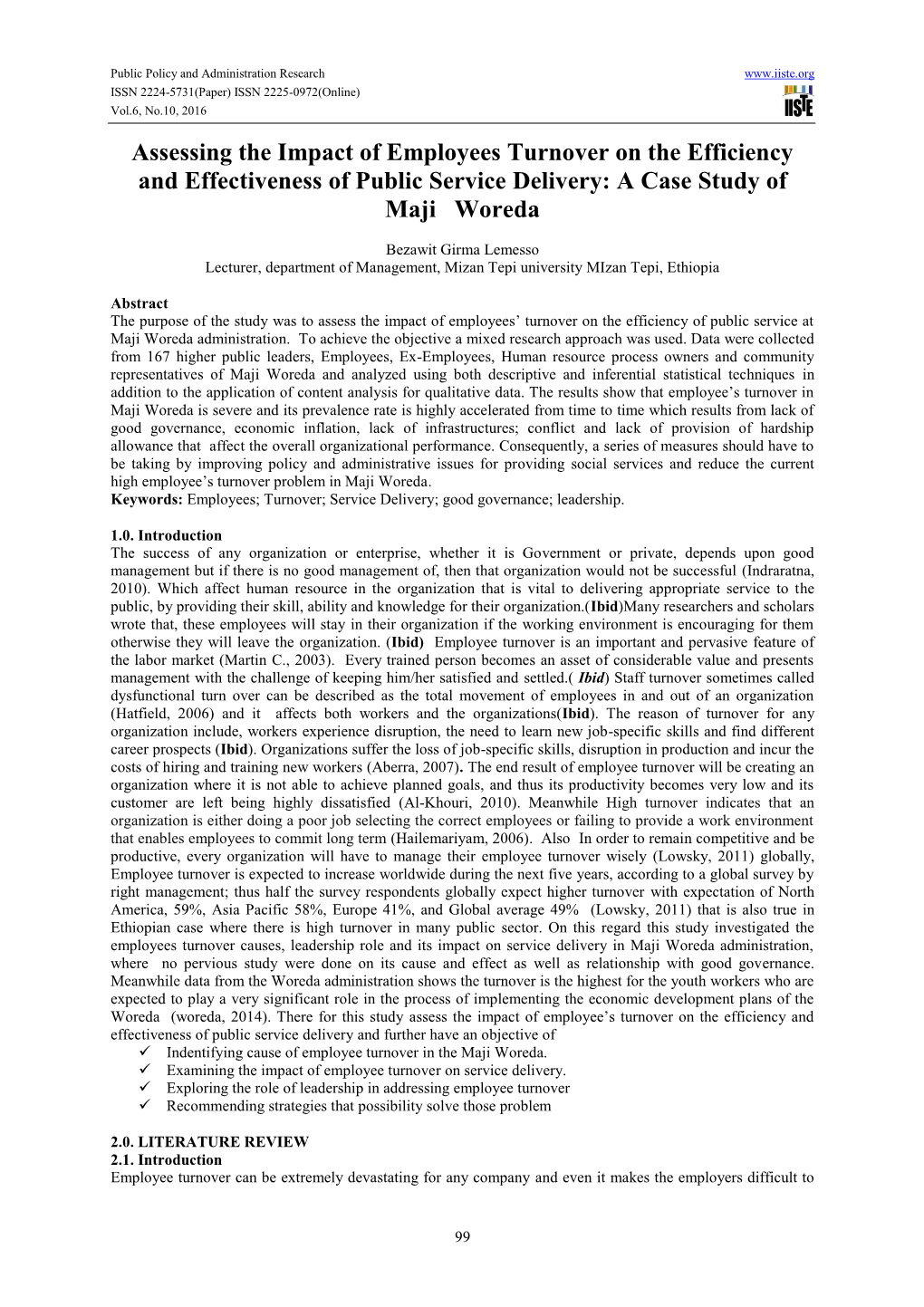 Assessing the Impact of Employees Turnover on the Efficiency and Effectiveness of Public Service Delivery: a Case Study of Maji Woreda