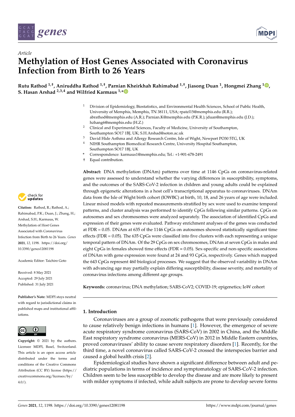 Methylation of Host Genes Associated with Coronavirus Infection from Birth to 26 Years