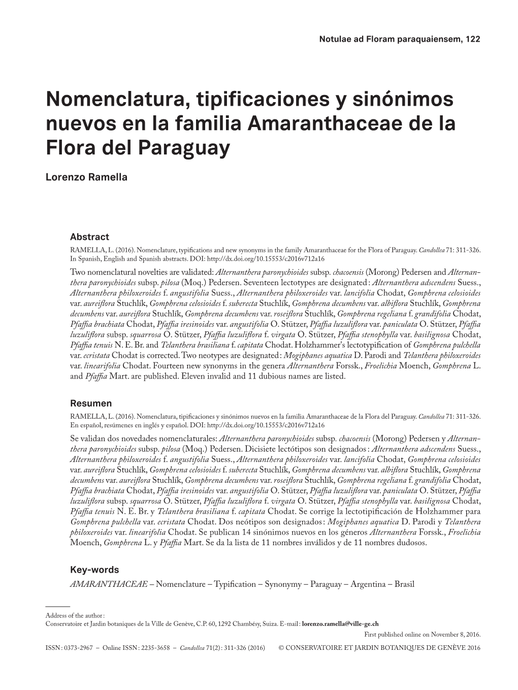 Nomenclatura, Tipificaciones Y Sinónimos Nuevos En La Familia Amaranthaceae De La Flora Del Paraguay