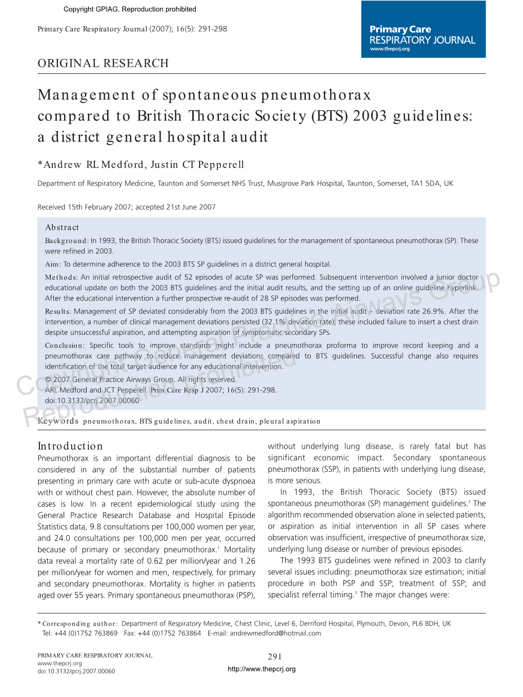 Management of Spontaneous Pneumothorax Compared to British Thoracic Society (BTS) 2003 Guidelines: a District General Hospital Audit